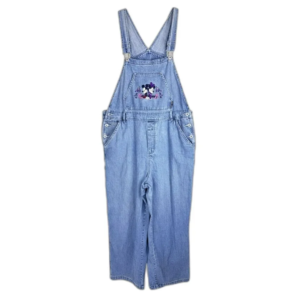 Disney Vintage Denim Overalls Mickey & Minnie Wide Leg Y2K Cottagecore 16W - Picture 2 of 7